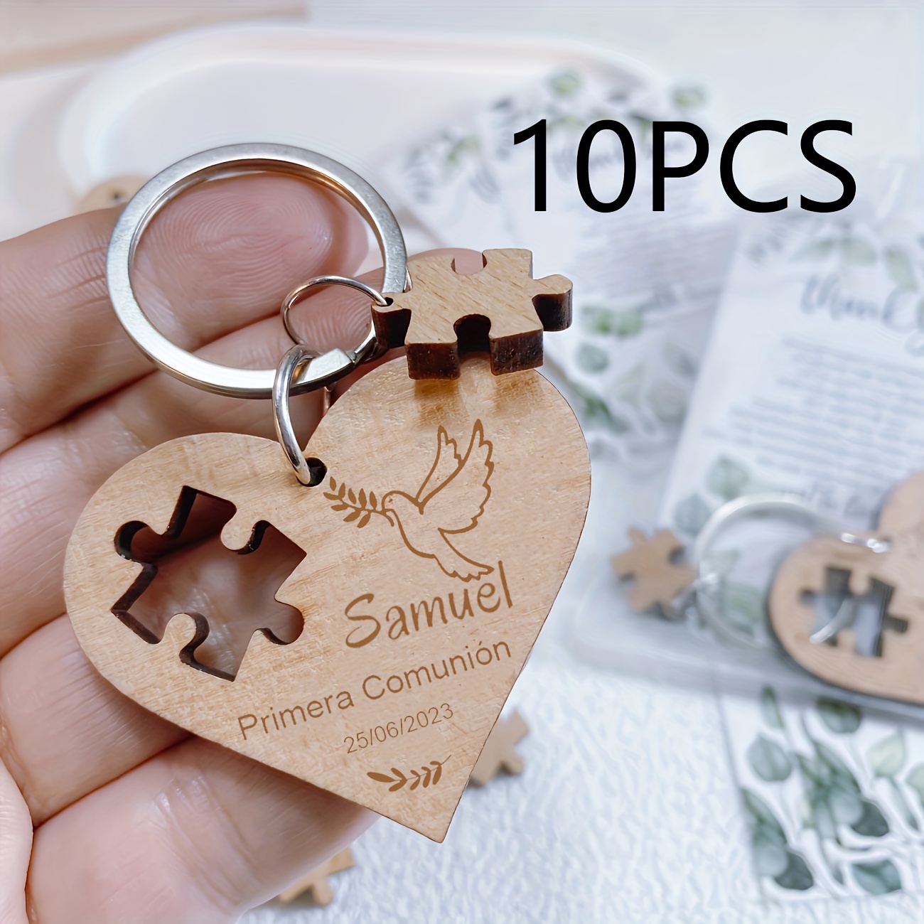 TEMU Regalo /Lui, Regali personalizzati per battesimo, Comunione, Portachiavi in legno, con biglietto di ringraziamento e borsa