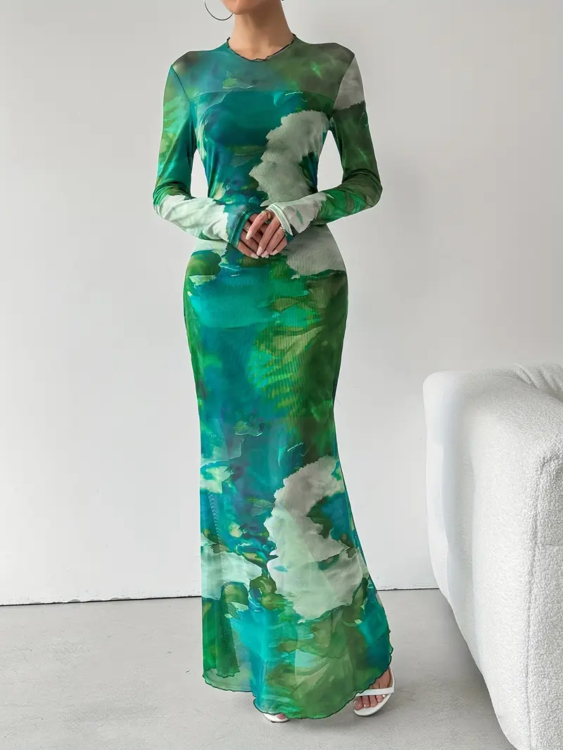 tie dye long sleeve mesh dress elegant crew neck maxi - Temu Germany tie dye long sleeve mesh dress elegant crew neck maxi - Temu Germany