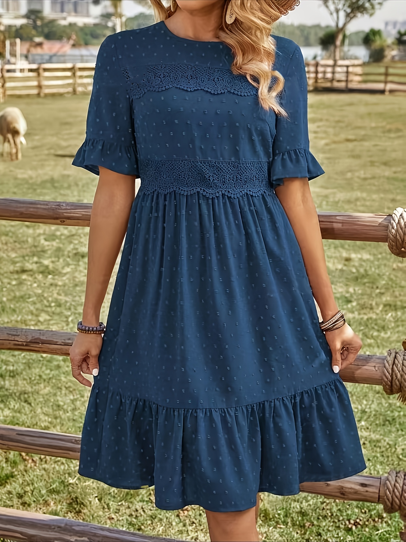elegant navy blue a line dress with   sleeves and lace trim crew neck   thigh length   dot texture   spring summer women s fashion 0
