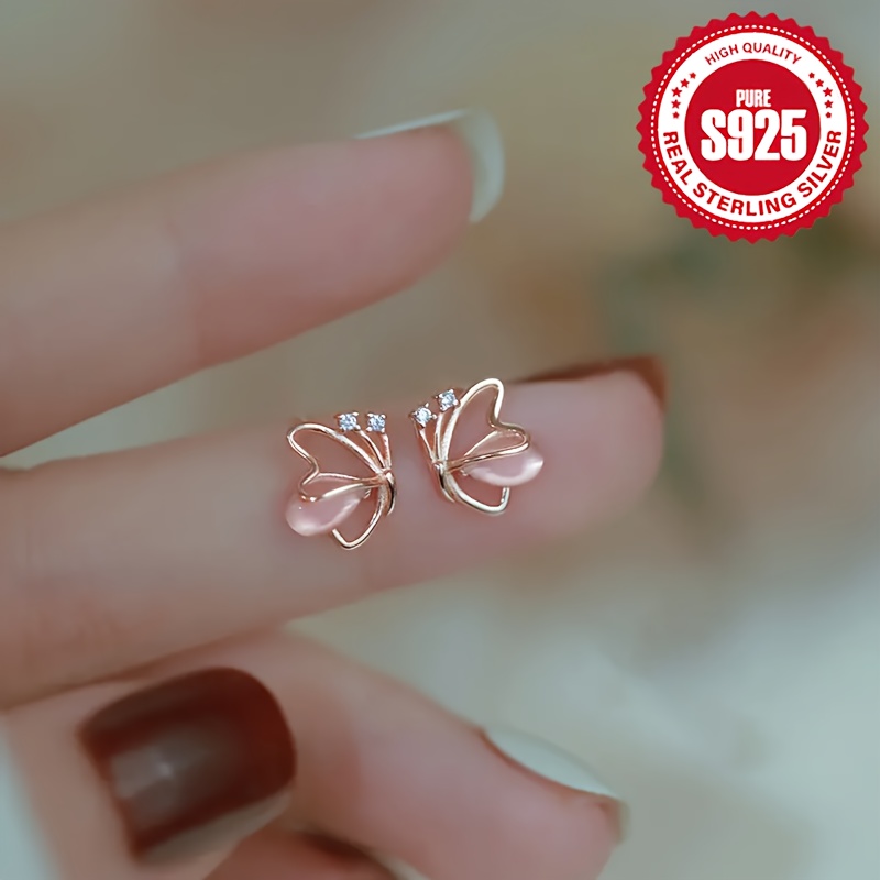 

Mini Hollow Pink Butterfly Design Stud Earrings 925 Sterling Silver Hypoallergenic Jewelry Zircon Inlaid Elegant Leisure Style Valentine's Day Gift