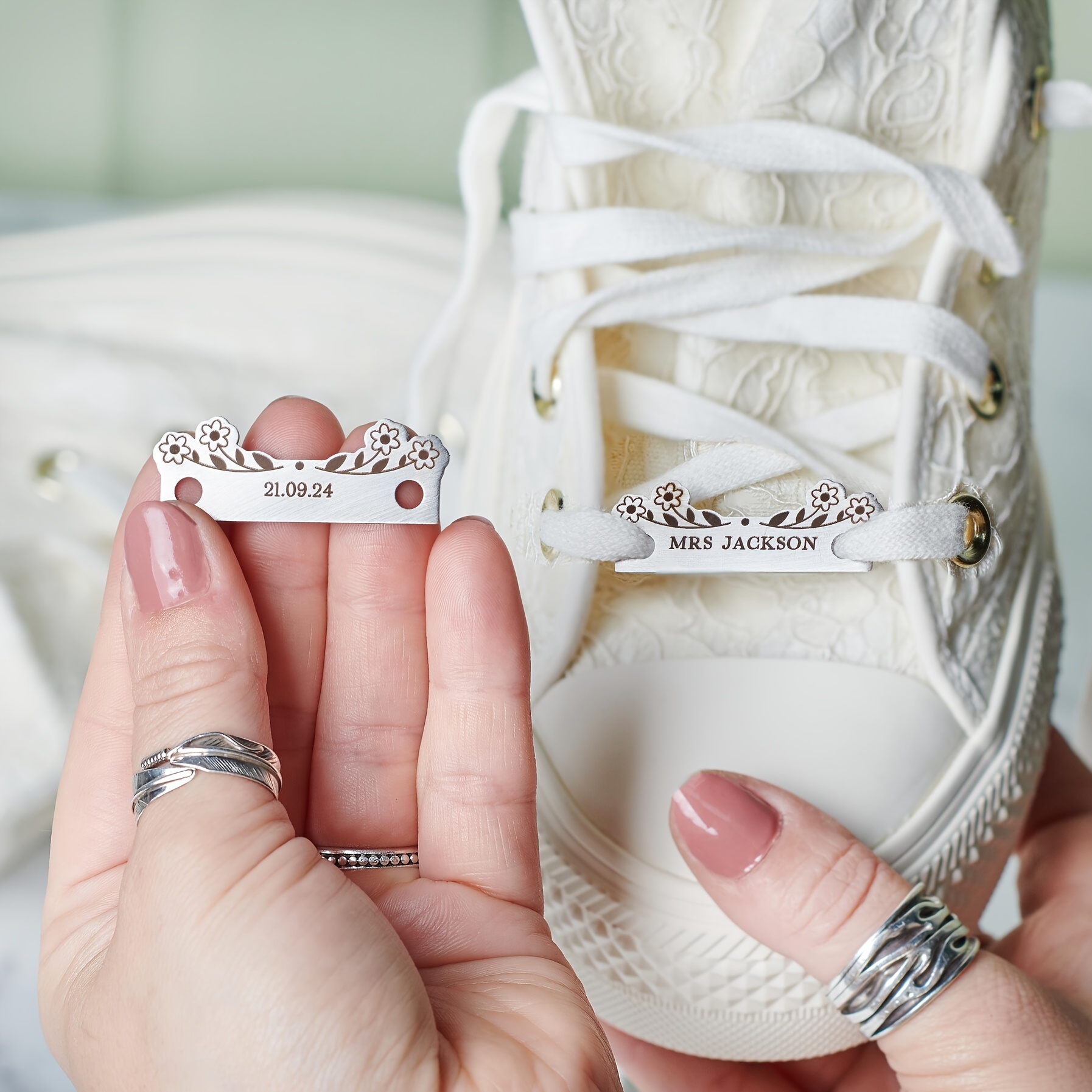 TEMU Personalized Name Date Wedding Shoe Charm, Custom Engraved Floral Shoe Lace Tag, Stainless Steel Bridal Sneaker Accessory For Bride
