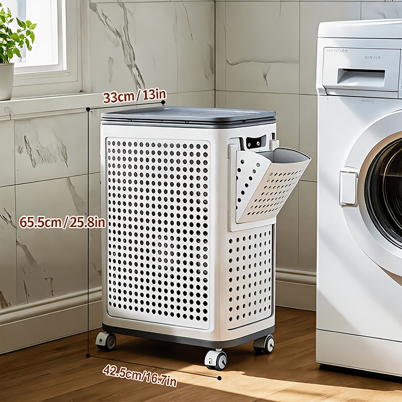 TEMU Heavy-duty Lockable Rolling Laundry Hamper Cart With Lid & Sides - Lockable Wheel Suitable For Dorms, Bathrooms, Bedrooms, Rvs, Laundry Room