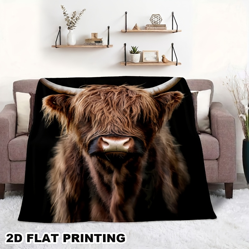 TEMU Minimalist Brown Highland Cow Portable Blanket - Soft Decor Bedding, Ideal Gift For Boyfriend, Girlfriend, , Family, Suitable For Travel,