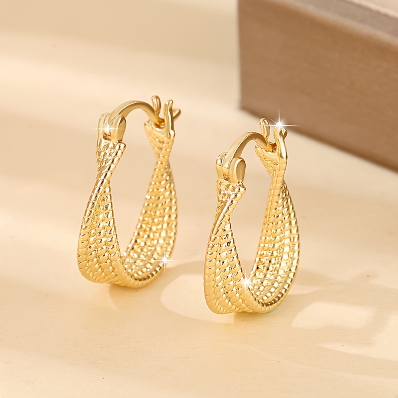 Copper Retro Geometric U shaped Twisted Surface Hoop Earrings