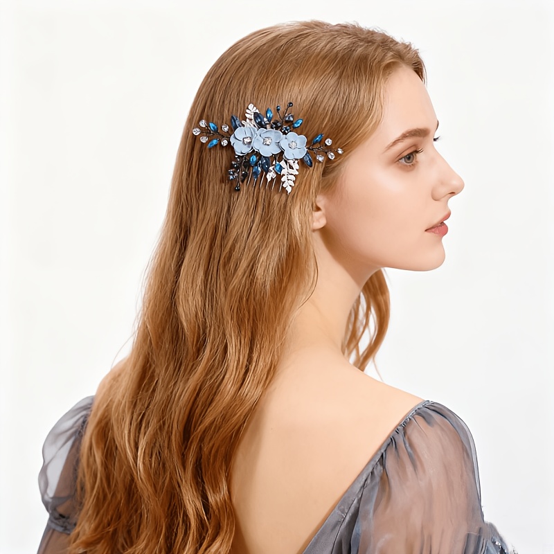TEMU 1pc Bridal Rhinestone Flower Hair Comb, Handcrafted Leaf Hair Styling Comb For Updos, Side Part Accessory