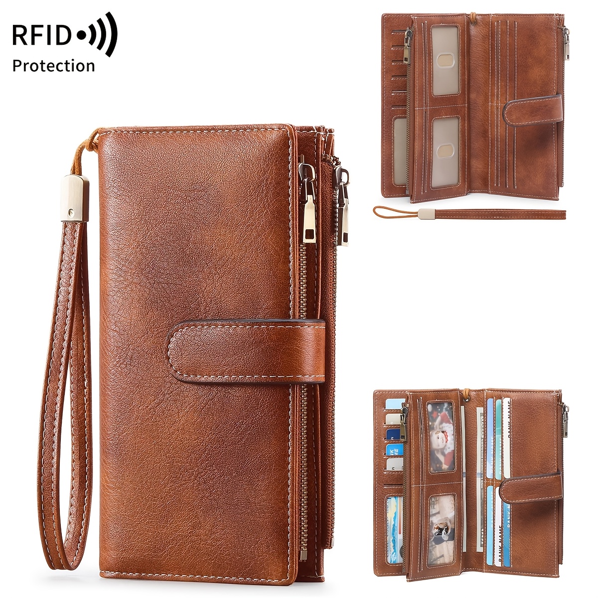 

Miyin Vintage Women's Rfid Blocking Long Wallet, Clutch With , Snap Closure Trifold, Dual Zipper, Credit Card Slots, Coin Pocket, Pu Leather With Polyester Lining, - Guangzhou