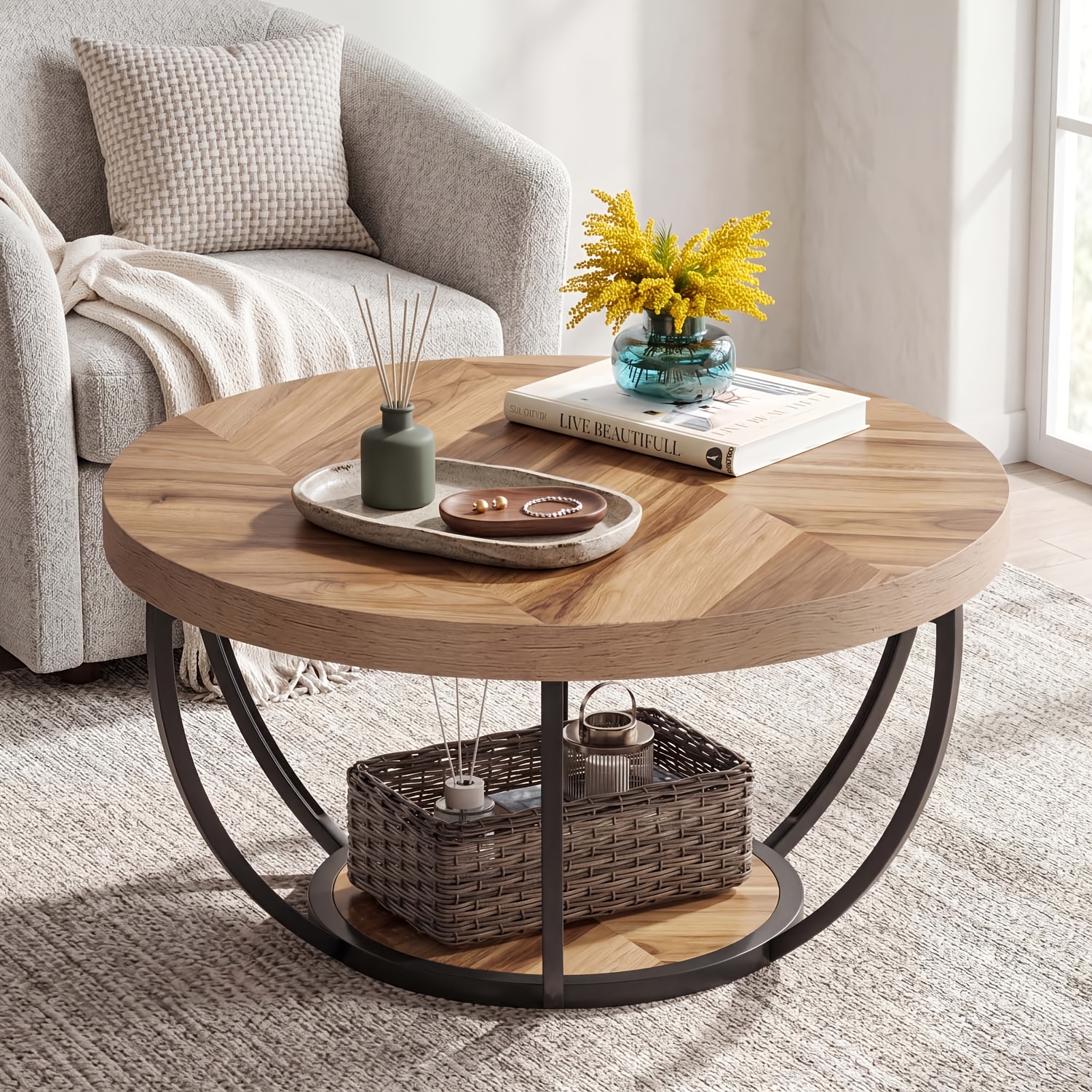 Round Coffee Table 31.7" Modern 2-tier Storage Shelves Suitable For Living Room, Kitchen Buffet Table With Wood Top & Base, Space- Multifunctional Center Table For Dining Room, Garage Cabinet