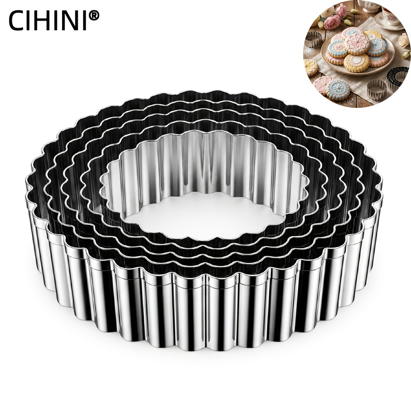 Cihini-5pcs Cookie Cutter Set, Shape: Wavy Circle, 430 Stainless Steel, Features: , Convenient For Storage, Easy To Clean