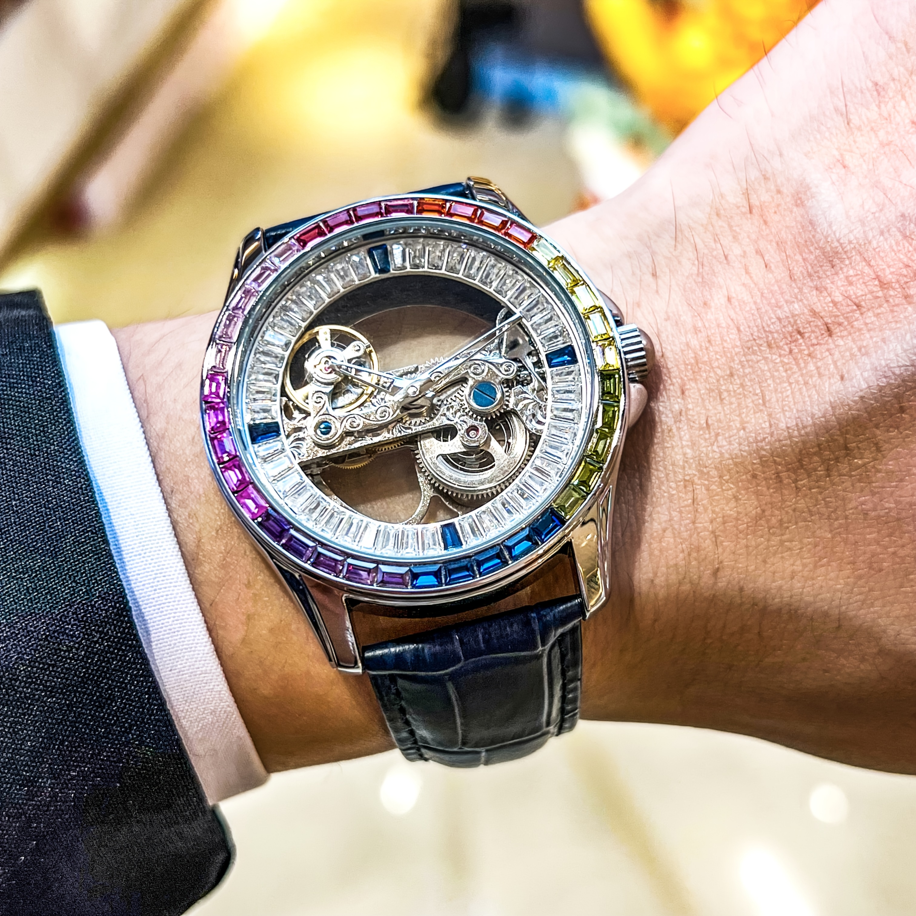 elegant mens dual sided skeleton automatic mechanical watch