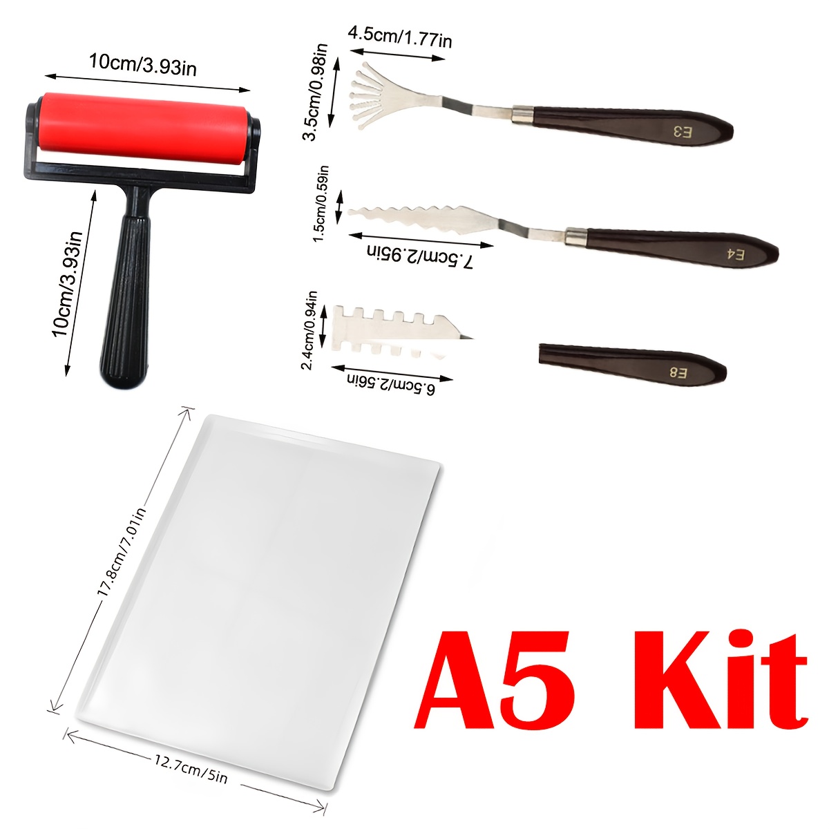 item picture 5pcs gel printing kit reusable plate with 1pc red roller 3pcs texture shape scrapers   pattern tools for artists  
