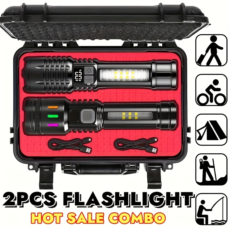 TEMU Gift Ready!!! 2pcs Cob Led Flashlights Rechargeable High Power Spotlight On, Tactical Flashlight Handheld Emergency With 5 , , Digital Display,