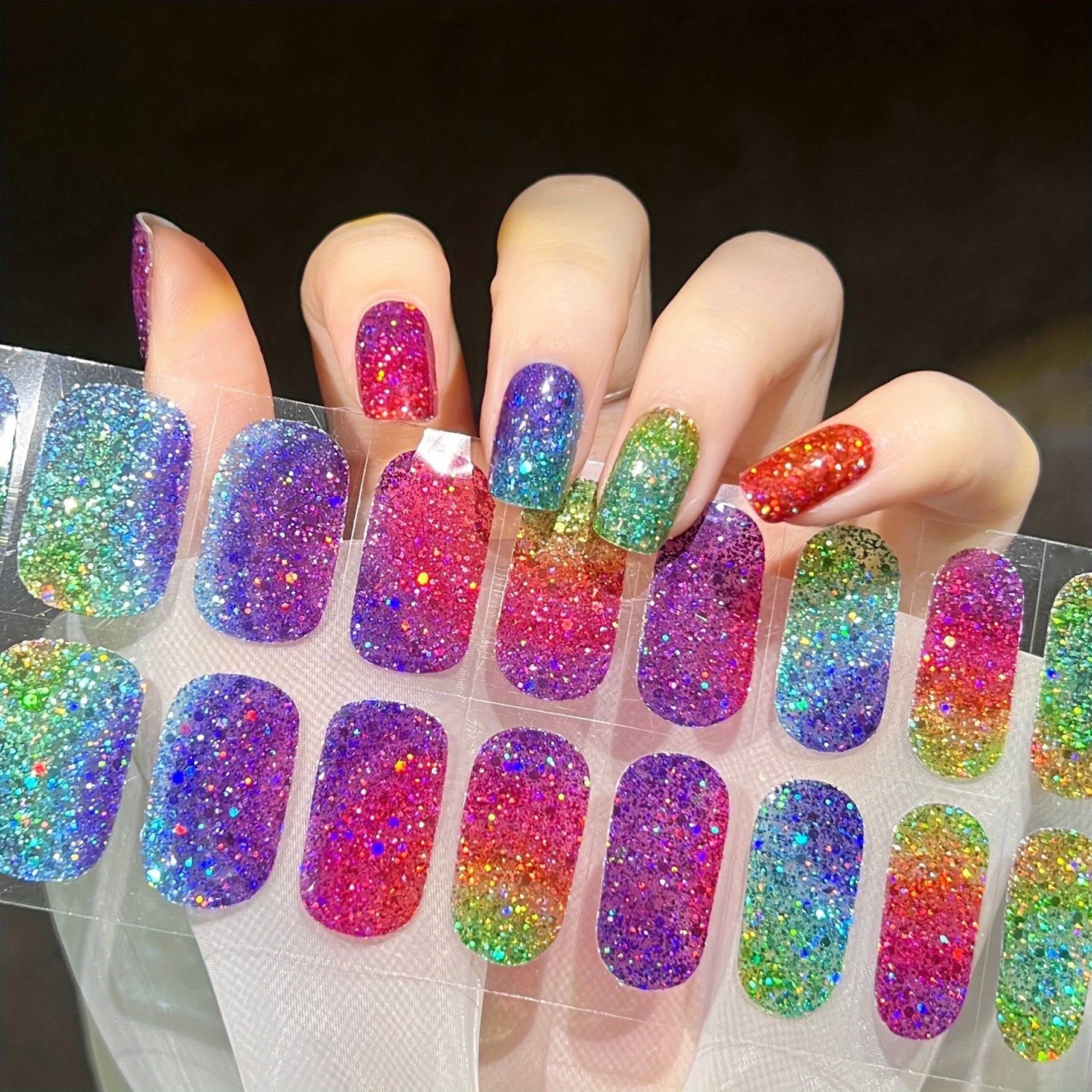 22pcs Macaron Glitter Gel Nail Wraps - No Uv Lamp Needed, Waterproof Full Coverage Stickers With Nail File Included
