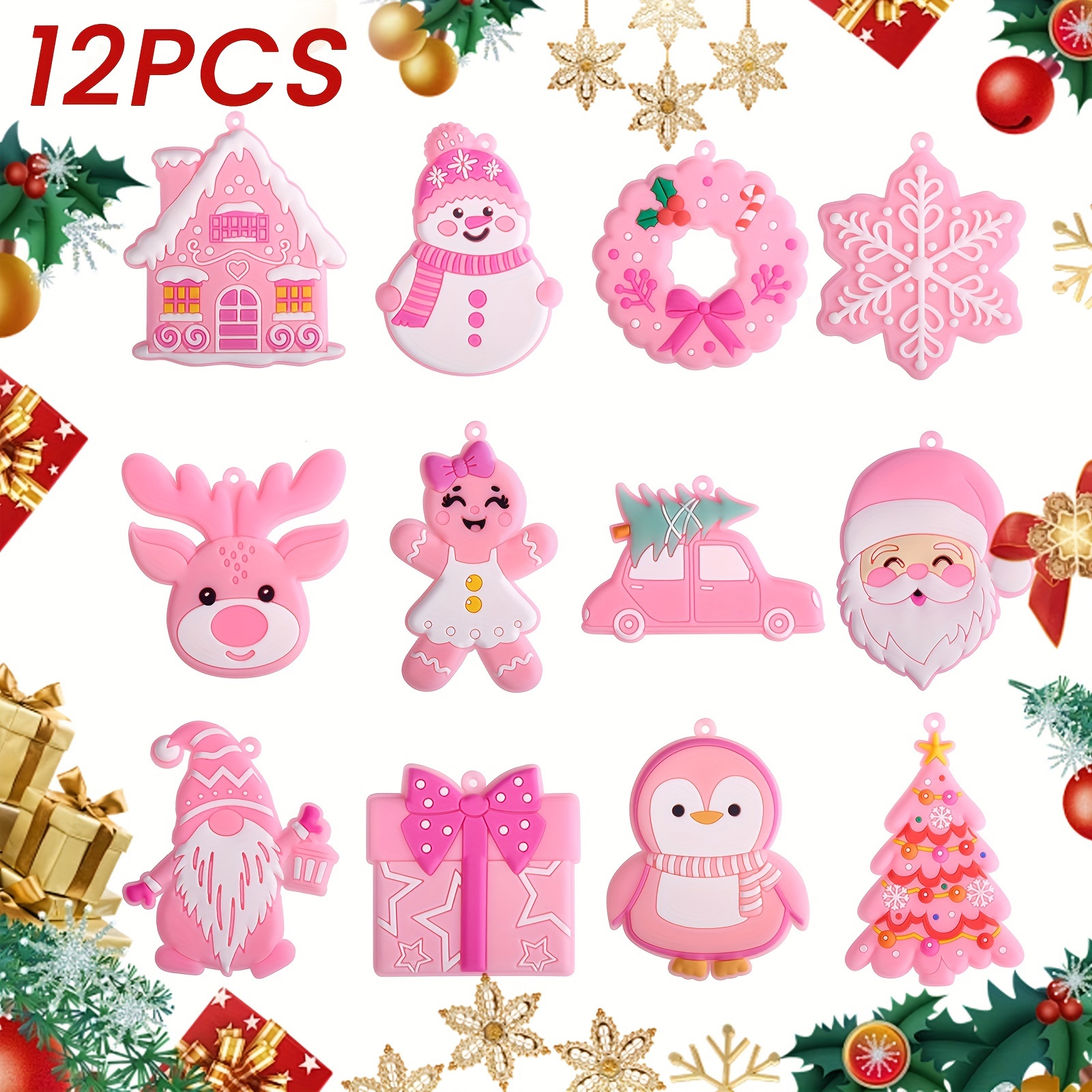 

12pcs Pink Christmas Ornaments Set, Pvc Decorations, Assorted Styles With , Santa, Christmas Tree, Snowman, Donut, For Home & Kitchen Holiday Decor, No Power Needed