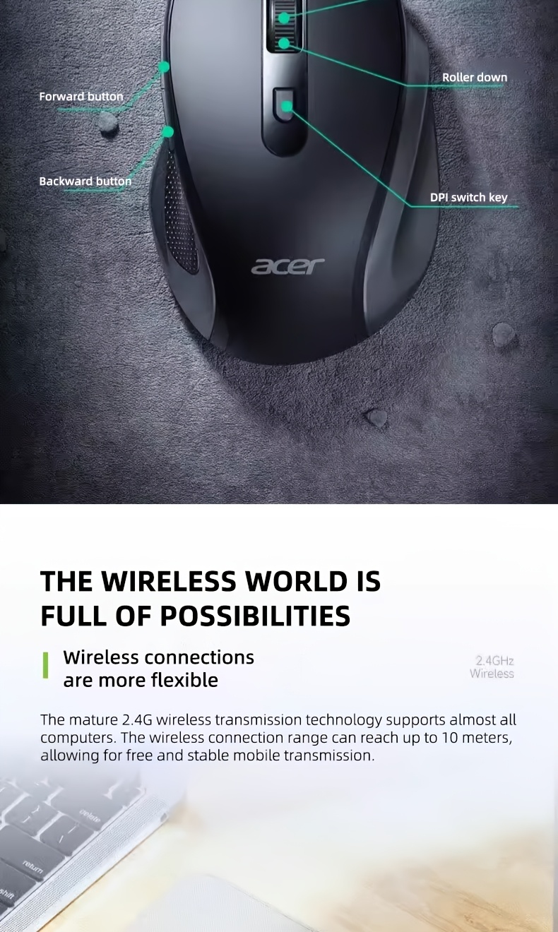 El ratón gaming inalámbrico Acer de 6 botones, con diseño ergonómico y ajuste de DPI multimplegado, es fácil y práctico, lo que lo hace ideal para el trabajo diario de oficina y la entretenimiento.