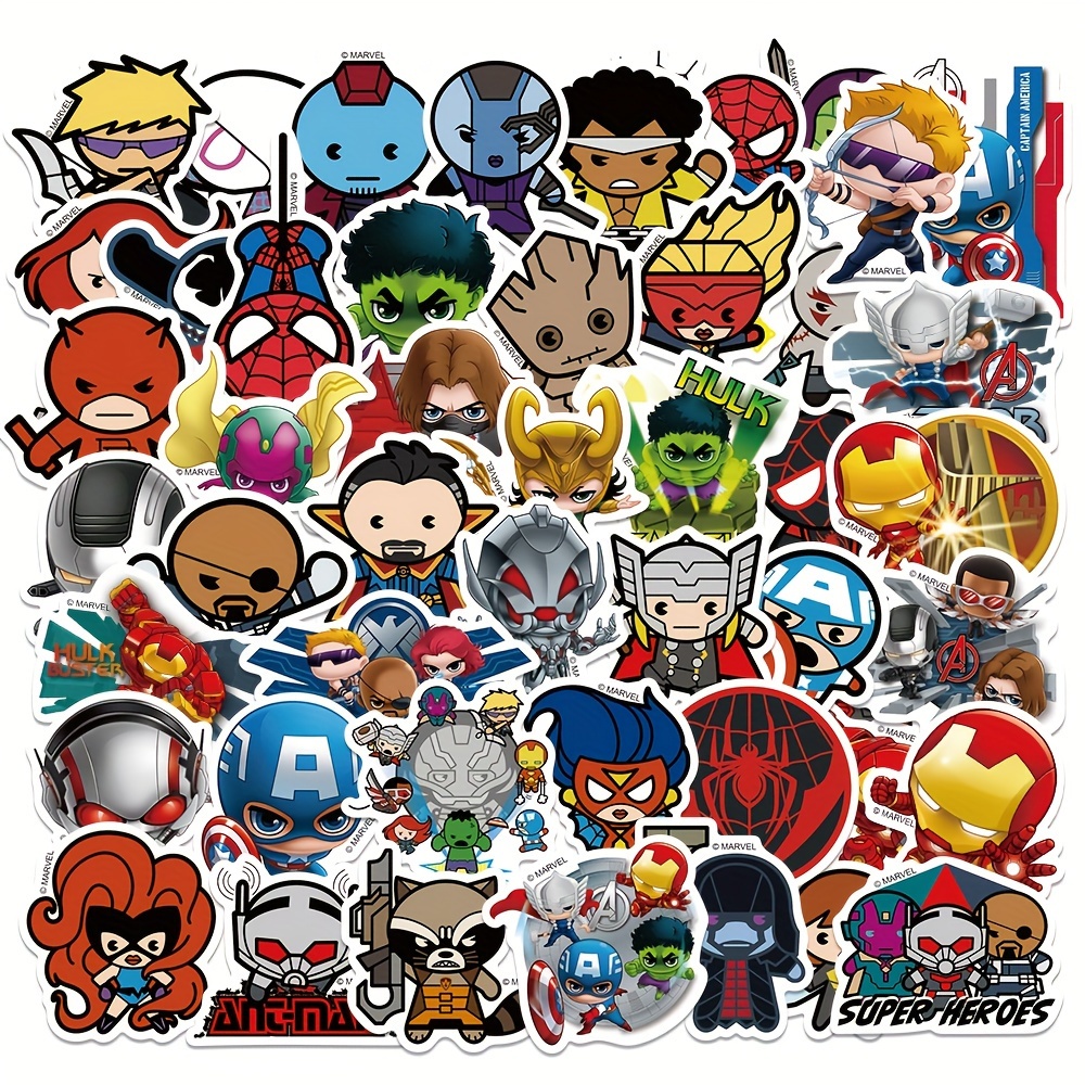 50pcs Marvel Avengers Officially Licensed Vinyl Stickers Q-Version Heros Tony Stark Holk Captain America Waterproof Cartoon For Laptop Bumper Water Bottles Computer Phone Hard Hat Car And Decals