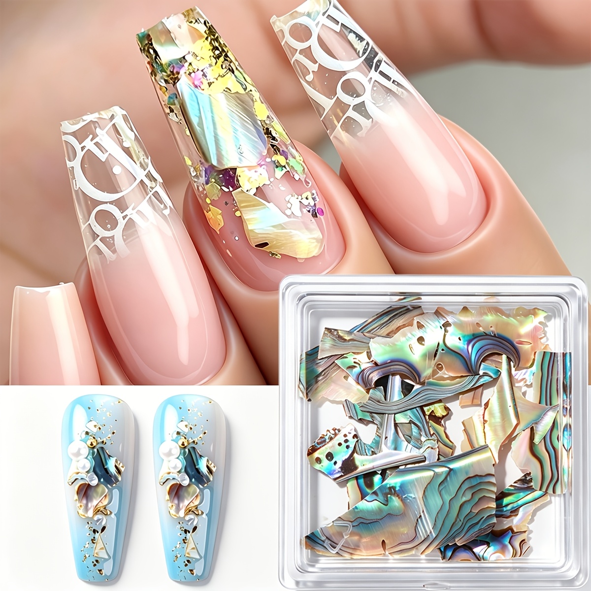 TEMU 1 Boîte de de d'Ormeau Irréguliers, de d'Ormeau Holographiques Brillants, Décorations de Nail Art pour Mariage d'Été, Morceaux de Naturelle pour
