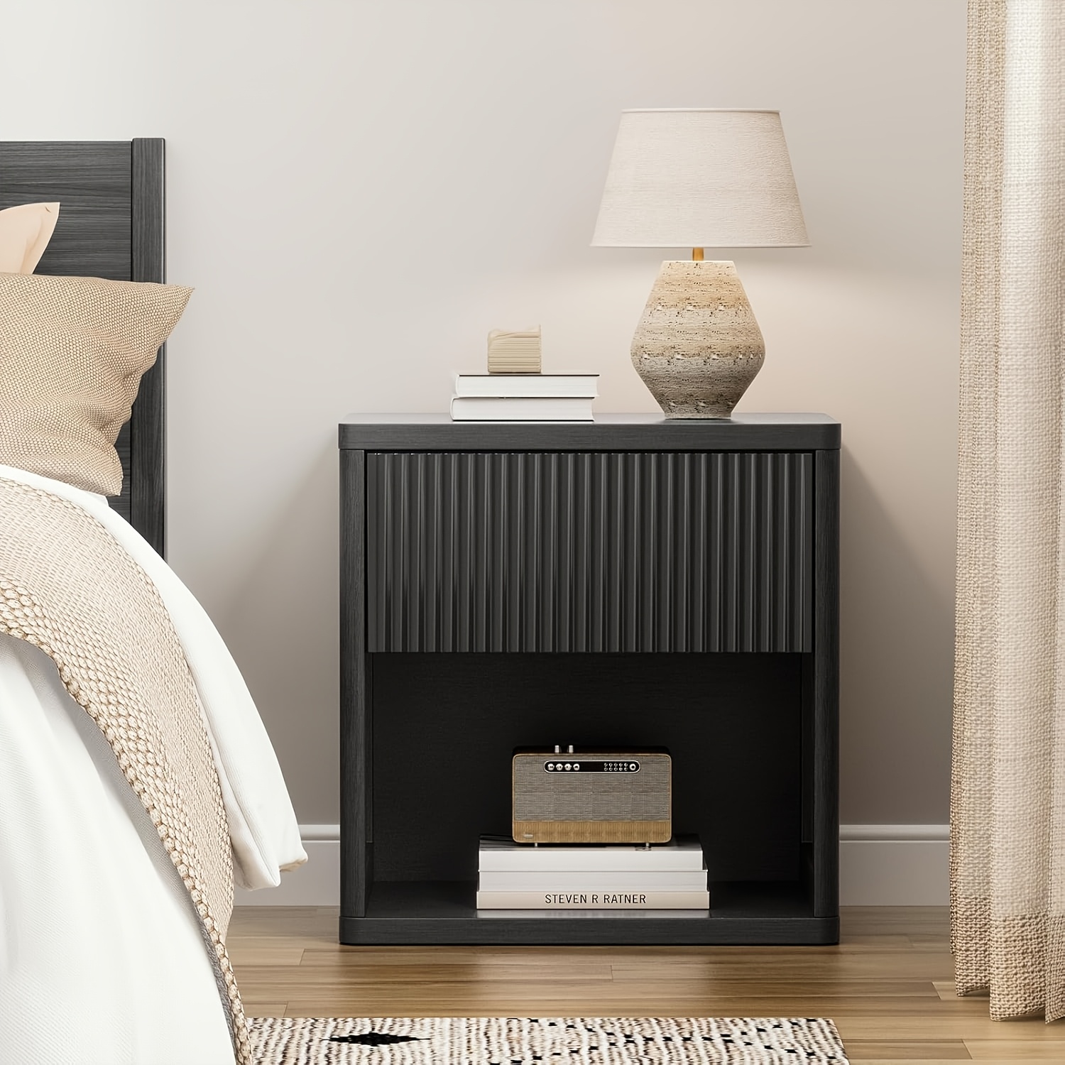 Modern Space-Saving Nightstand with Hidden Drawers & Open Shelf - Curved Bedside Table Suitable for Small Bedrooms, Freestanding Assembly Required Bedside with Concealed Drawers and Open Shelves for Narrow Spaces