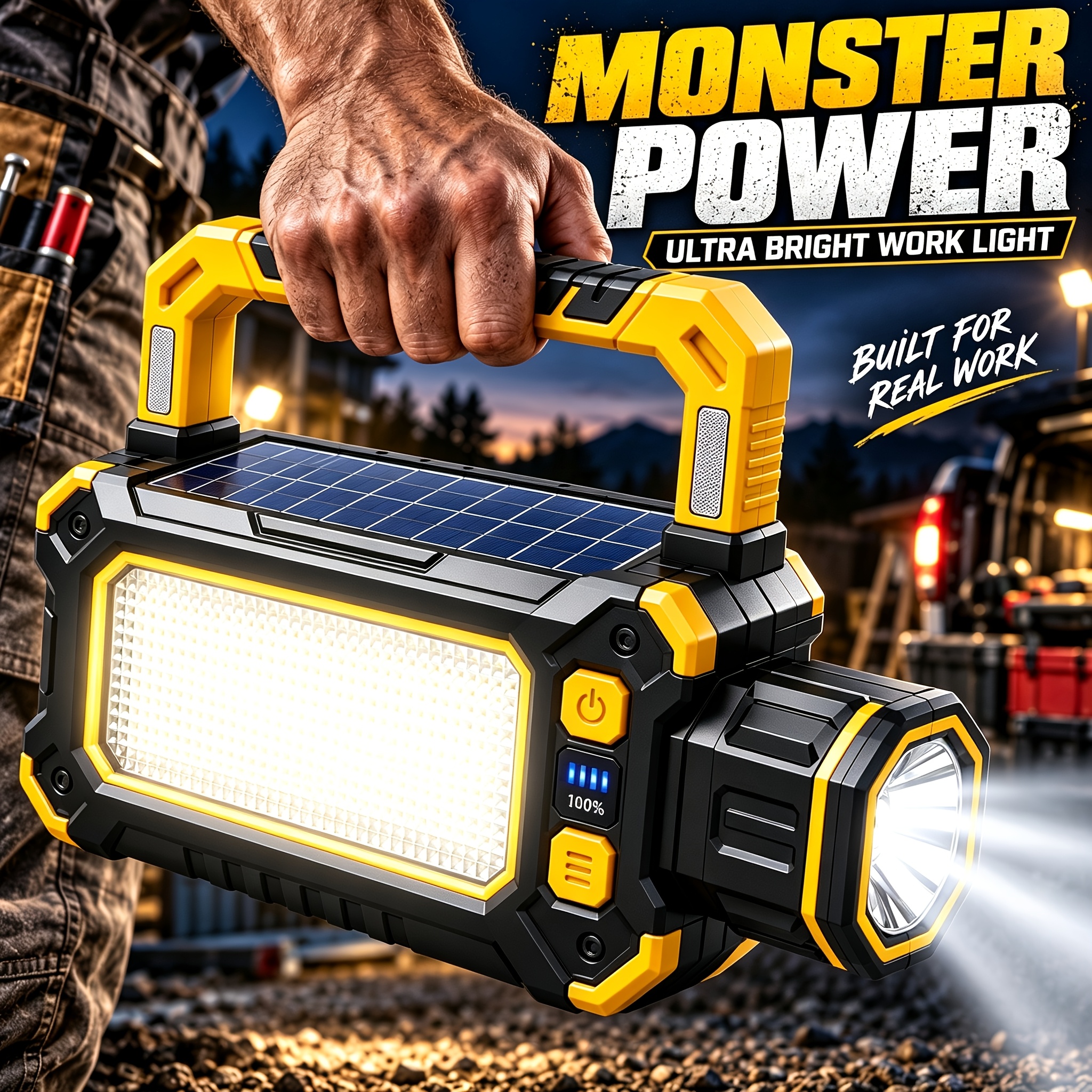 TEMU Portable Solar Led Work Light With Spotlight, 3000mah Rechargeable Camping Lantern, 8 Hour , Usb Type-c Charging, Battery Display, Handheld