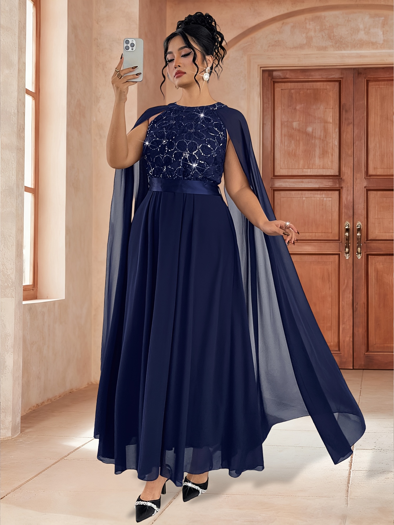 mesh patch dress Plus Size, Round Neck Spliced Mesh Patch Long Sleeve Pleated Maxi Dress  with Back Wrap Tie Waistband, Elegant and Comfortable Plus Size Dress for  Parties and Weddings