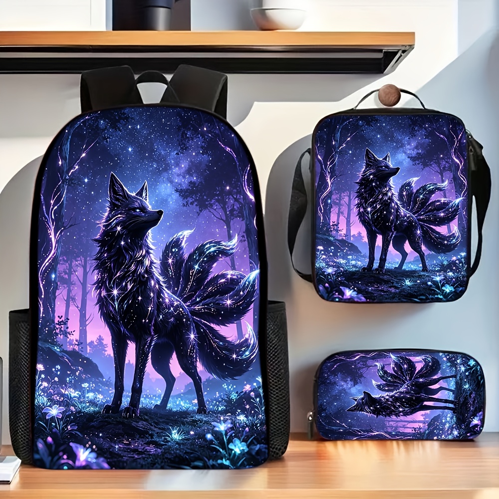 TEMU 3pcs Fox Print Bag Set Suitable For Gifts, Lightweight Zipper Closure Pouches With Nine-tailed Fox, For &, Birthday Holiday, For Teenager