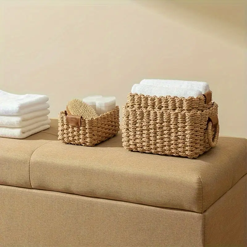 set of 3 woven paper rope storage organizer bins multi purpose baskets for shelves cupboards desk organization no electricity needed Product details 0