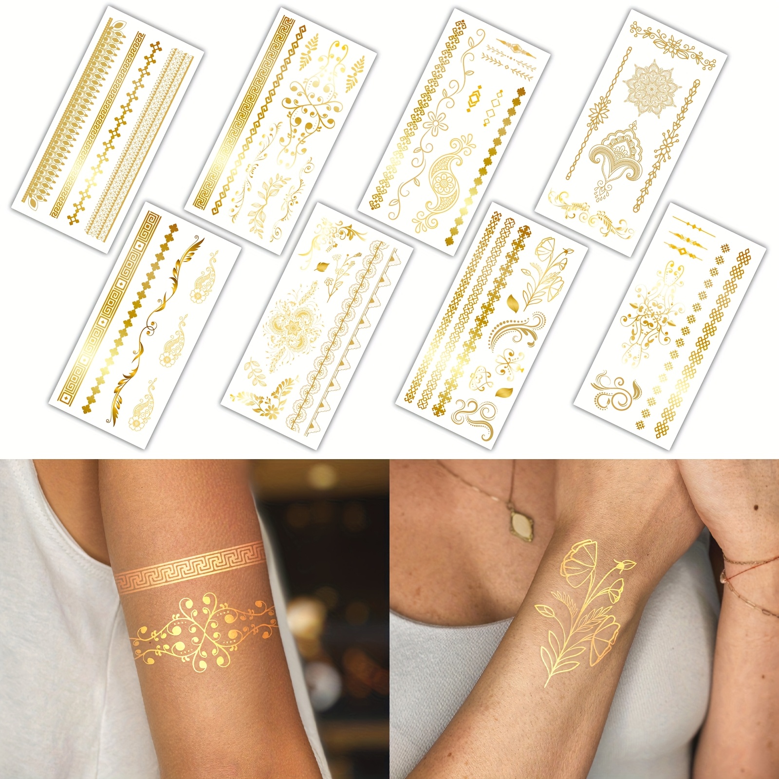 Image of 8 Sheets Golden Temporary Tattoo Stickers Waterproof - Bohemian Floral & Geometric Body Art With Intricate Leaf & Geometric Patterns For Parties, Festivals, Weddings - & Remove, 18+