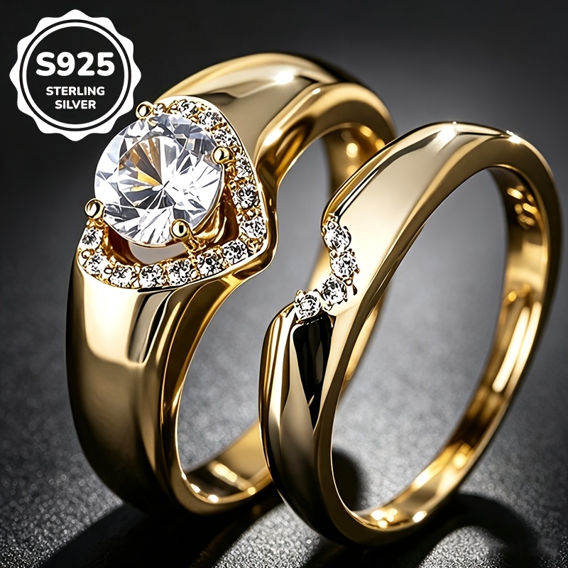 Image of 2pcs Set S925 925 Silver Luxurious 2pcs Set Synthetic Synthetic Synthetic Zircon​​ Ring, Proposal Engagement, Unisex, High-quality Jewelry, Suitable For Daily Casual And Banquet Party Wear