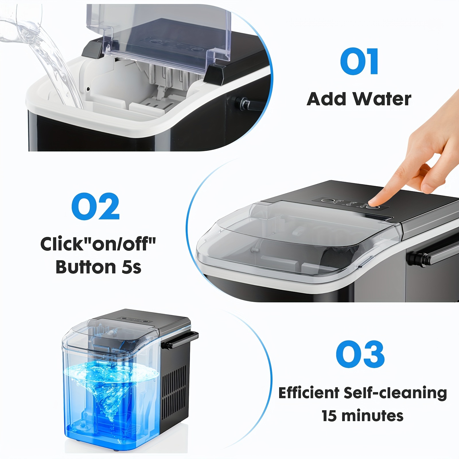 dumos portable outdoor ice maker countertop low noise one touch operation effective ice making creates 26lbs ice in   portable self cleaning function ice machine details 5