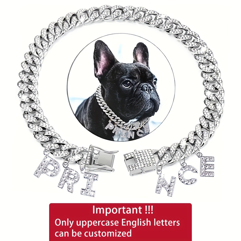 E-shop Funkelnder personalisierter Hunde-Halsband, individuelles Hundehalsband mit Buchstaben-Anhänger - Strass 13mm Hunde-Kubanische Kette, mit