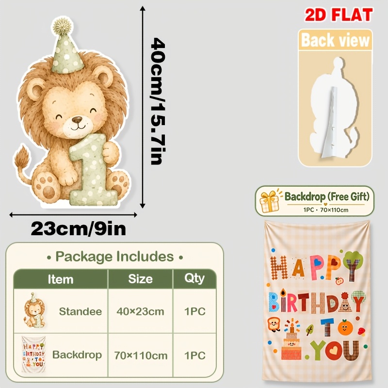 TEMU 2D Plat, 2pcs Standee Plat Anniversaire et Fête Photo Booth Carton Découpes Lion Vert - Matériau en Résine Durable, Utilisé pour la Décoration