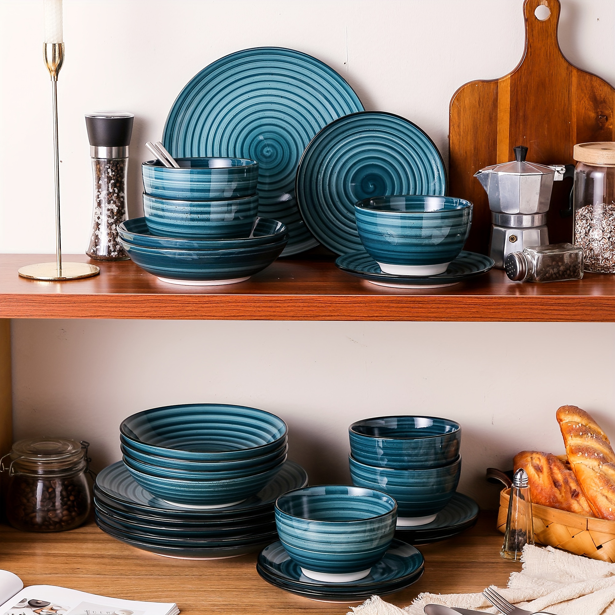 TEMU Green Dinnerware Set For 6, 24pcs Stoneware Dinnerware Set, Double-sided Handpainted Pattern Combination Set With Dinner Plates, Dessert Plates,