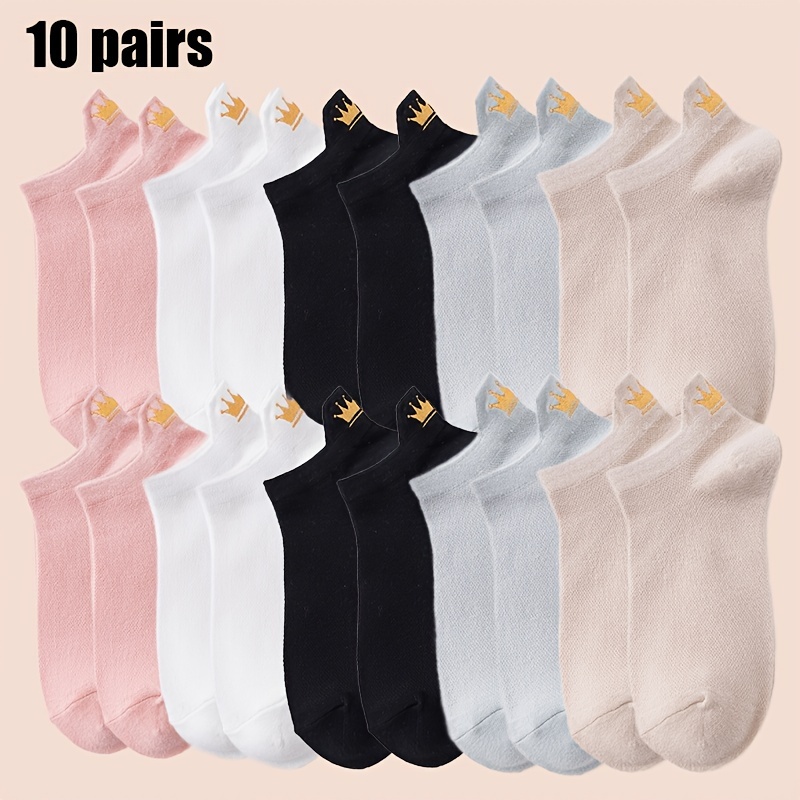 

10 Pairs Crown Pattern Ankle Socks, & Breathable Low Cut Socks, Women's Stockings & Hosiery