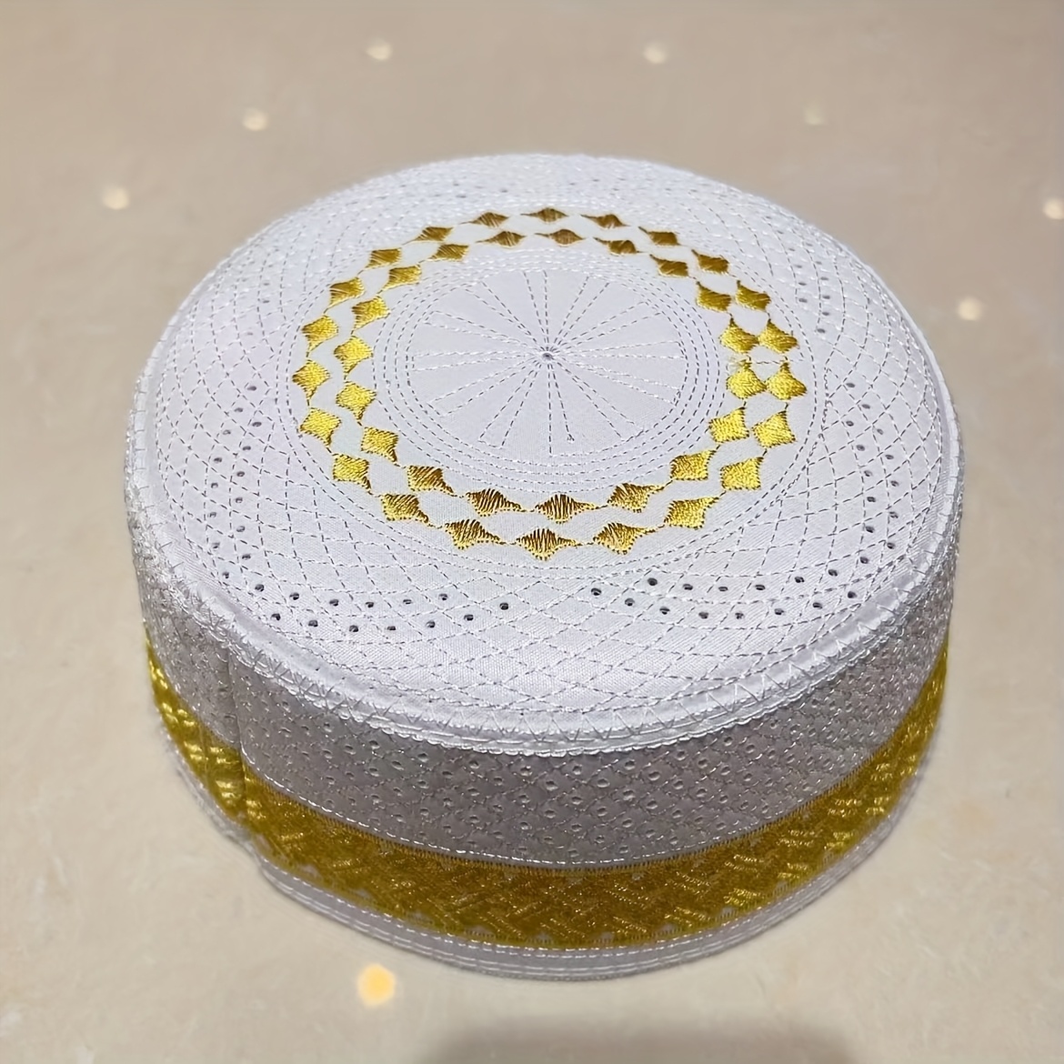 1pc Premium Men's Dome Ihram Cap - Breathable Polyester, Machine Washable With Decorative Band, Blue/golden/brown Embroidered Hat - Attire For Men