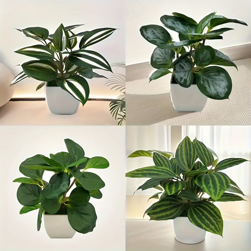 TEMU Juego de 4 Piezas de Falsas Realistas en Macetas Blancas - para Decoración , Oficina y Exteriores | Vegetación Artificial Perenne para Escritorio, Baño,