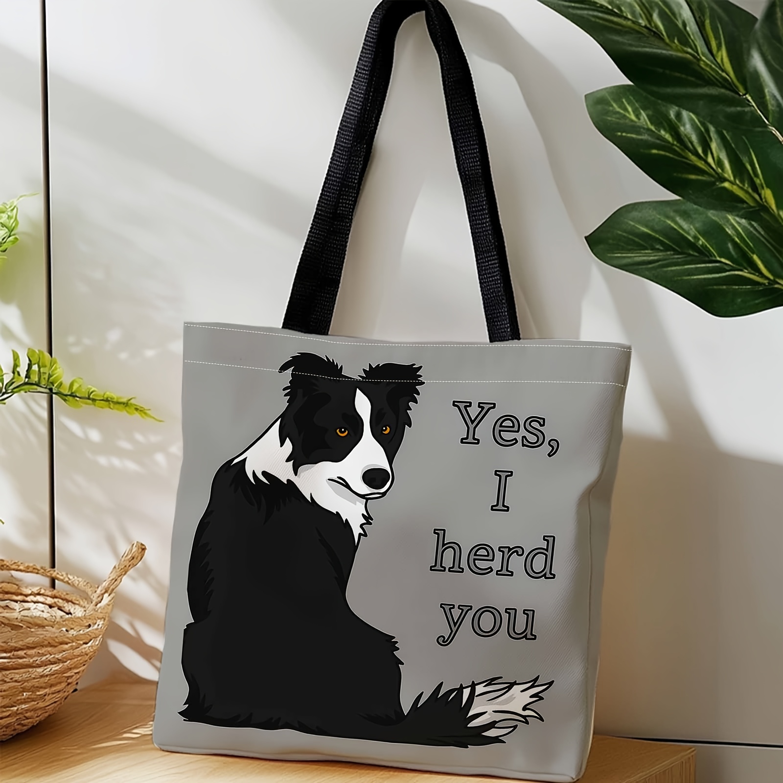 TEMU Women's Vintage Border Collie Print Tote Bag - "yes, I You" Sitt-fitness Handbag, Large Capacity Shopping Beach Bag, Suitable For Travel,