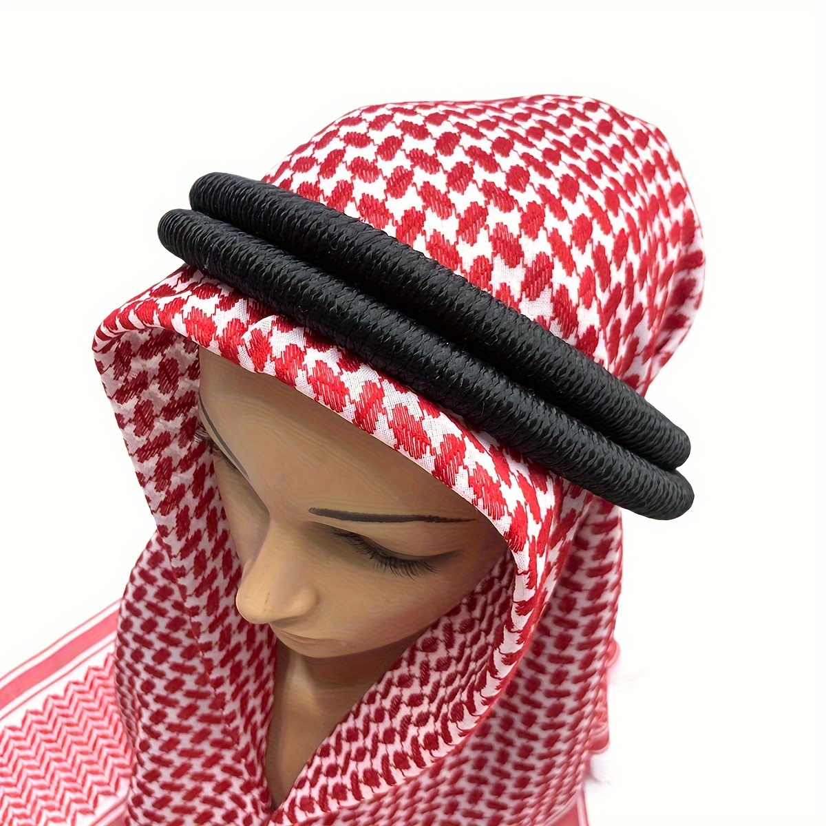 Arabian *'s Scarf with Black Headband, Muslim Headdress, Red White  Ghutrah, Traditional Dubai Head Wrap with Tassel Cord