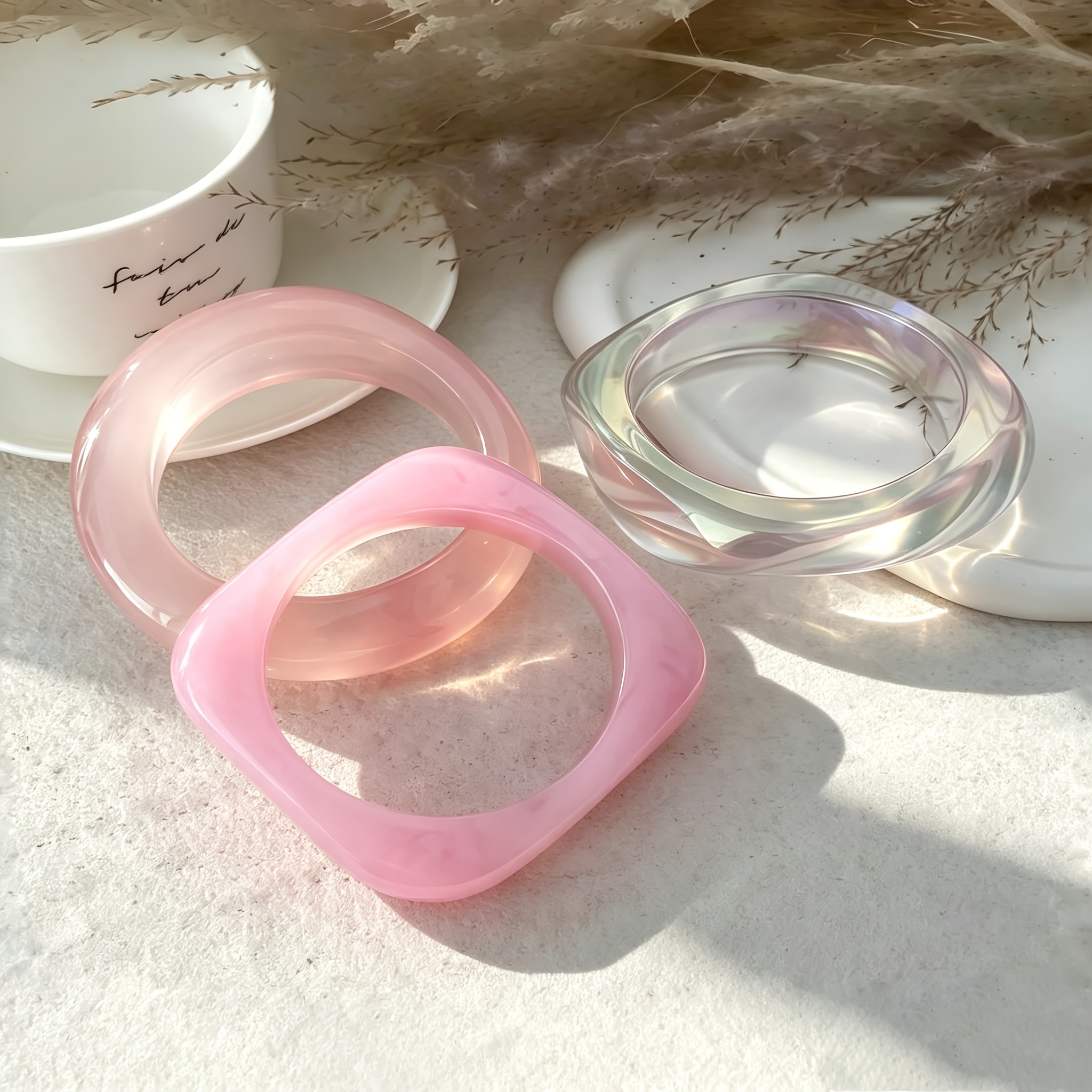 3pc Marbled Resin Bangle Bracelet Set, Trendy Stackable Design
