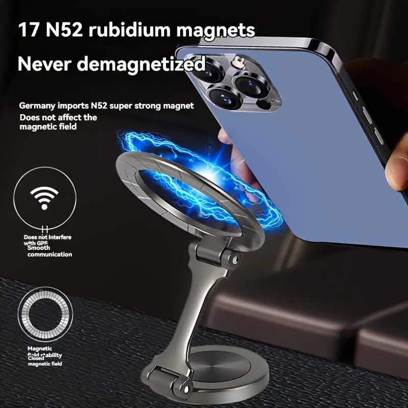 The Latest Golden High-strength Magnetic Car Phone Holder Can Be Folded 1080 Degrees For Unlimited Rotation. 42 Rubidium Magnets Will Never Demagnetize. Thickened And Reinforced Support Rod For Car Dashboard Navigation Phone Holder.