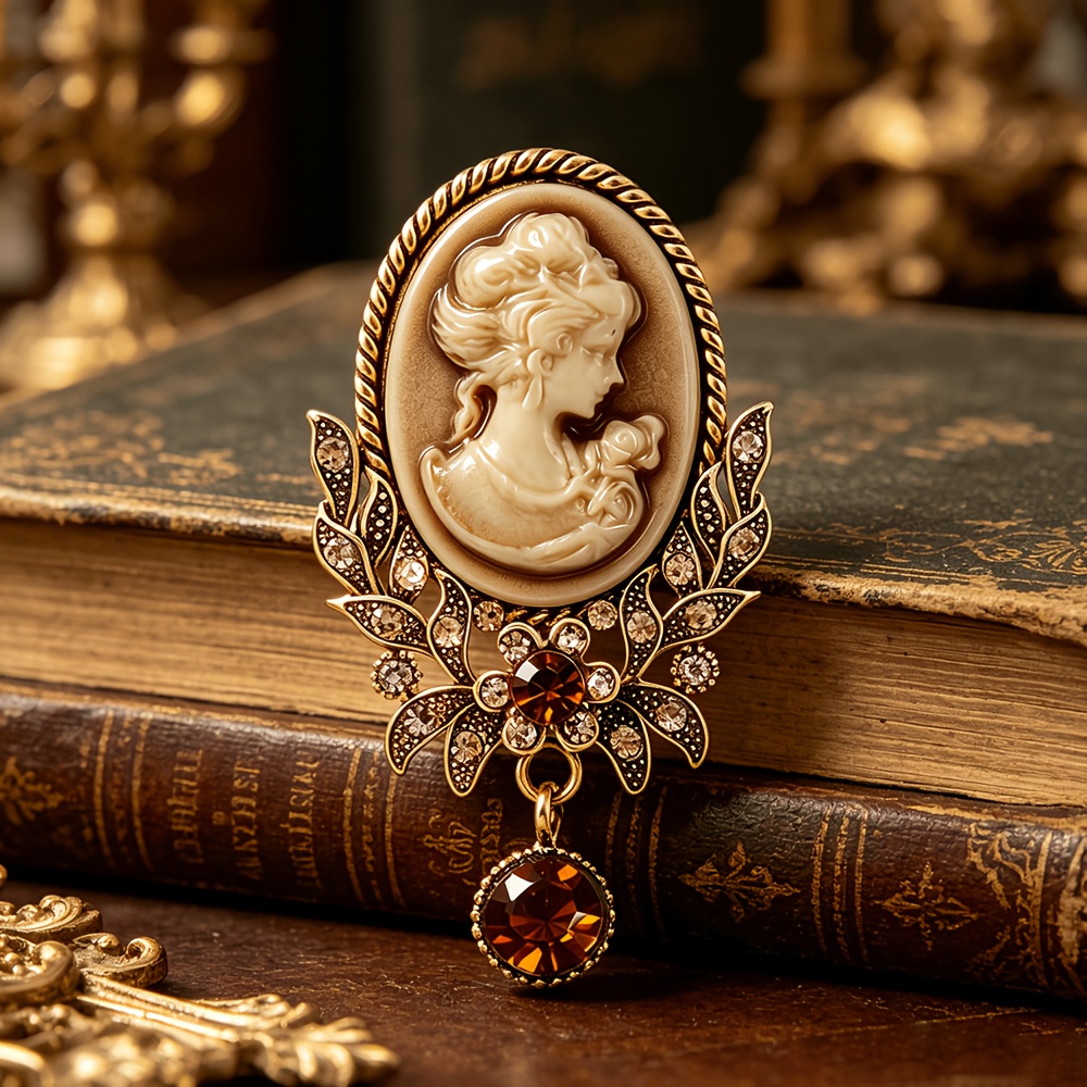 TEMU Elegante broche con colgante de cameo , brillantes diamantes de rojos y marrones - Material de aleación, ideal para abrigos, vestidos, bufandas,