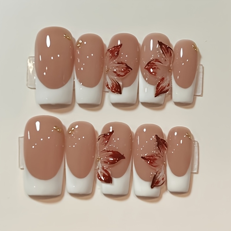 TEMU 10pcs Handmade Reusable Full Cover Nail Stickers - Square Medium French Stiletto Pink/ And White Glossy Press-on Nails, 3d Embossed Pink ,
