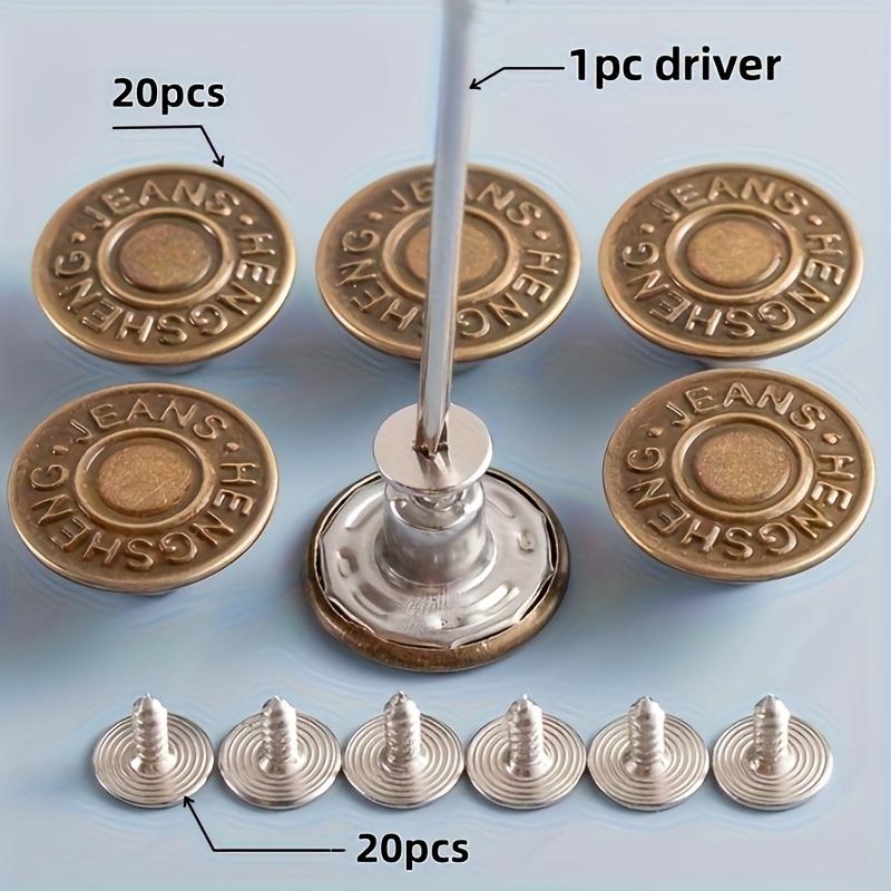 TEMU 41 pièces, comprenant 20 boutons, 20 vis et 1 tournevis. sont des boutons de jean, réglables, amovibles et couture, en métal pour accessoires