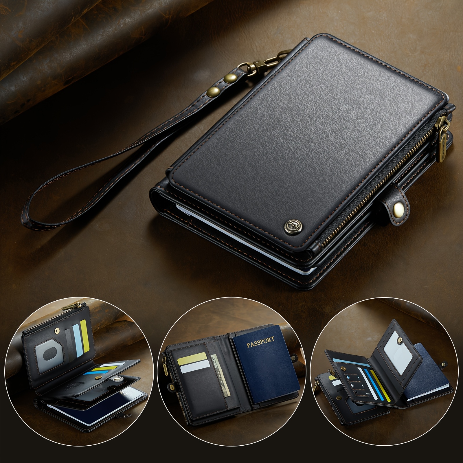 Image of New Passport Bag Zipper Coin Purse 11-card Insert Card Bag Multiple Cash Slots And Passport Storage Space Multiple Magnetic Closure Secure High Side Wrist Rope Removable Scratch-proof Passport Cover