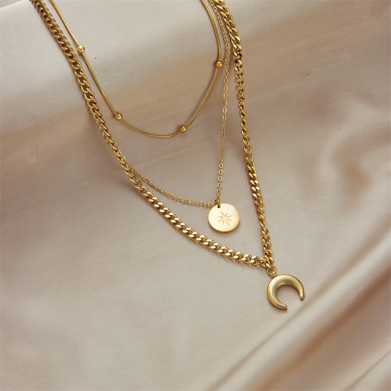 Multi-Layered Crescent Pendant Necklace with Overlapping Stars & Moon