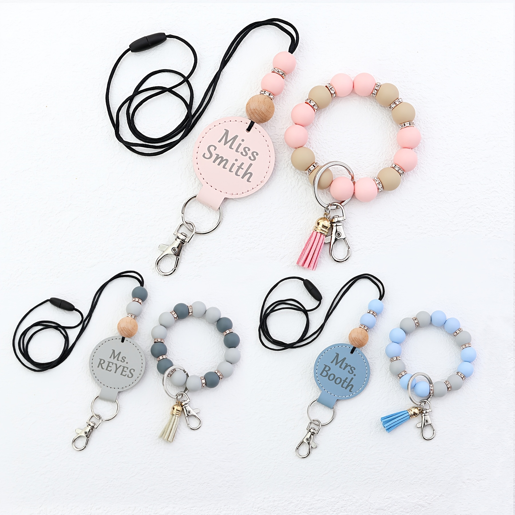 

Ausbay Customizable Teacher Appreciation Gifts, Personalized Silicone Beaded Lanyards With Keychain, Cute Tassel Bracelets, Keychain, Car Beaded Bangle Chains For Women, English Text