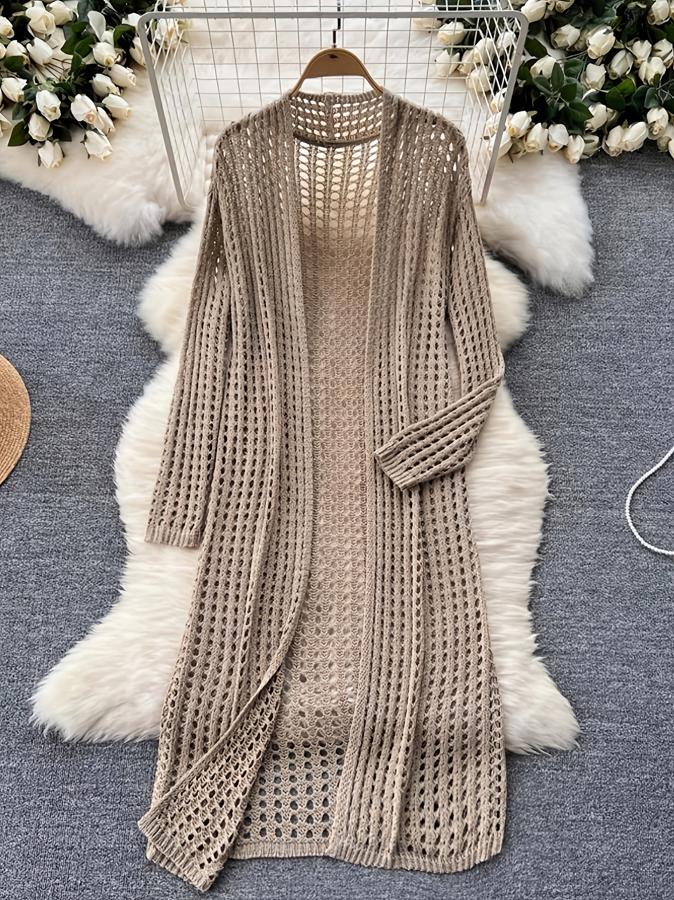 womens solid color elegant loose casual stylish long cardigan with   buttonless