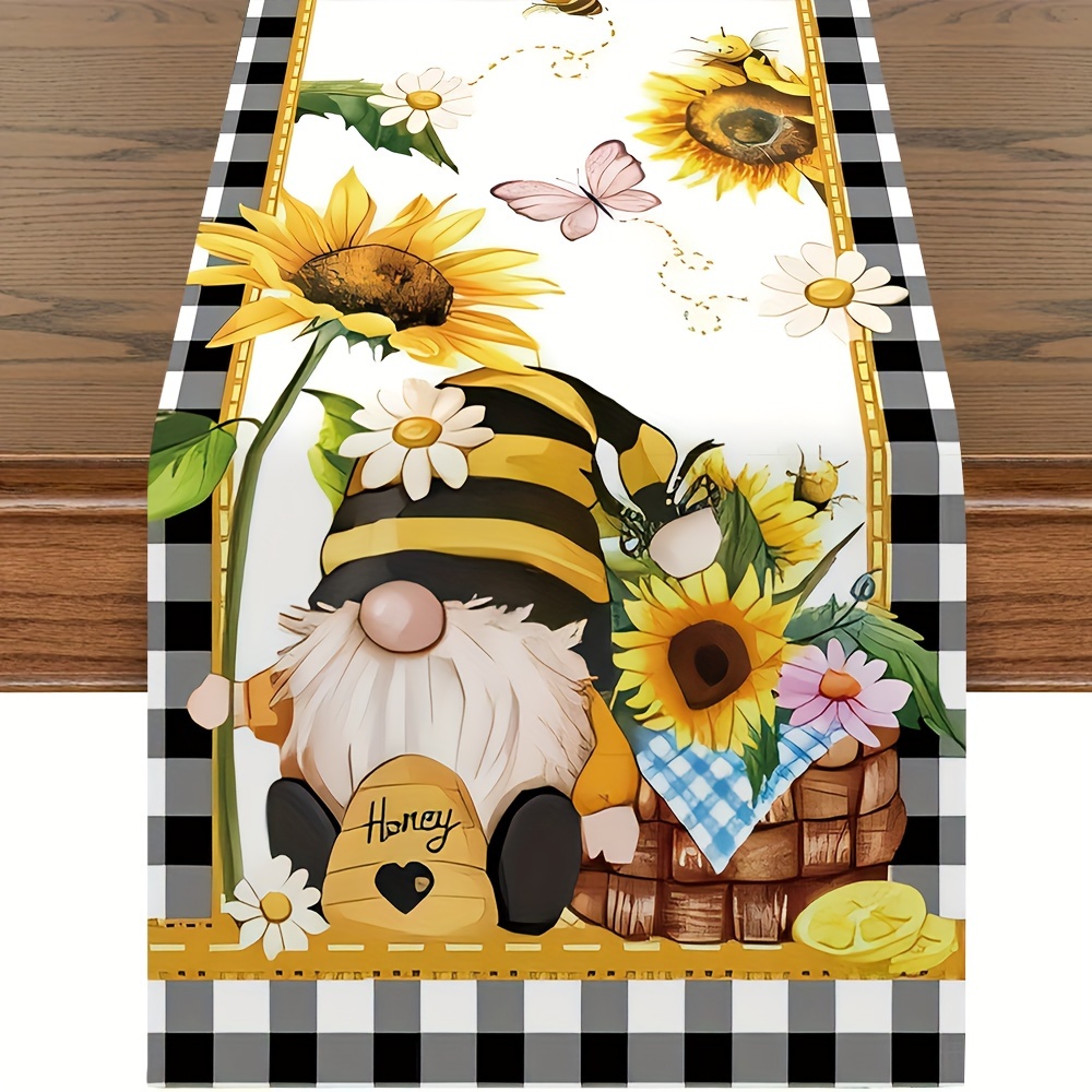 

1pc, Table Runner, Rustic Sunflower Gnome Printed Table Runner, Polyester Farmhouse Dining Decor, Bee & Honey Themed Kitchen Accessory
