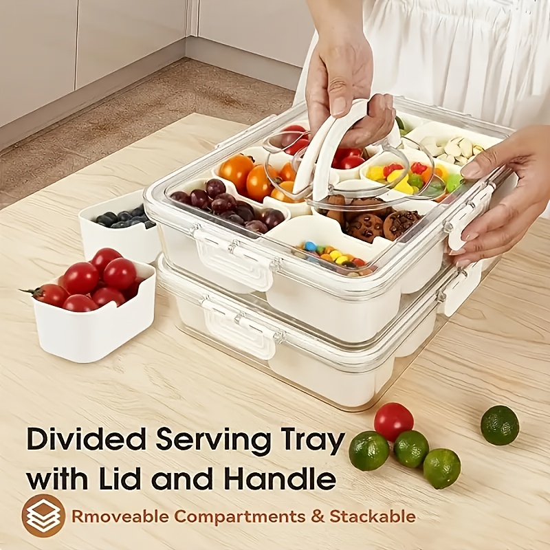 1/2pcs Reusable Snack Containers, Food Storage Boxes with Lids And Handles, an 8-Compartment Serving Tray, Perfect for Carrying Vegetables, Fruits And Snacks, Great for Travel, Camping And Picnics