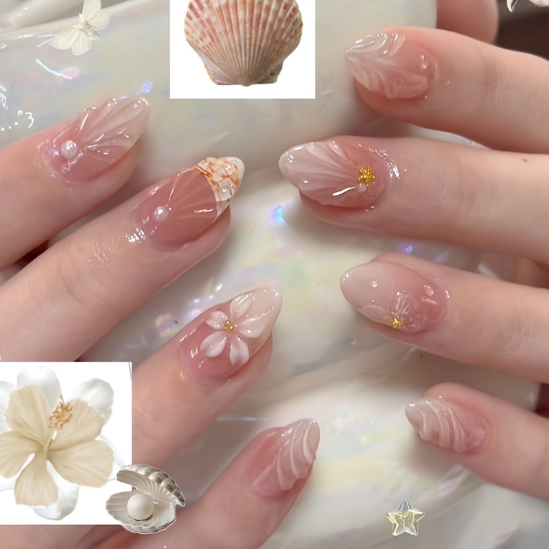 TEMU Lot de 10 faux ongles en gel 3D à pression Ocean Beach, motif dégradé blanc moyen avec fleurs, , d'eau, étoile de mer et , style Y2K minimaliste
