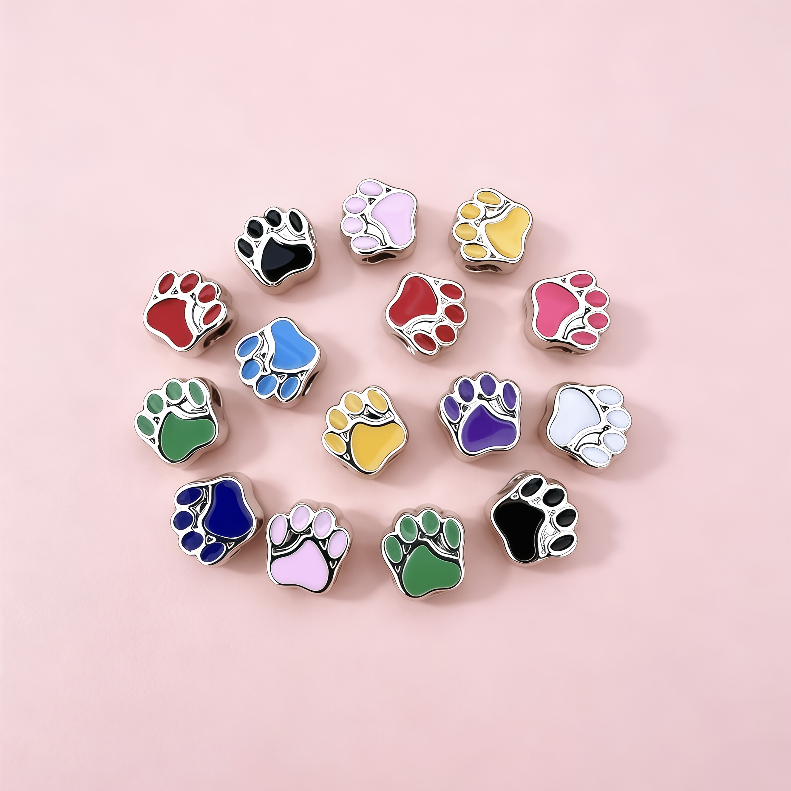 TEMU 10pcs Mixed Color Dog Paw Double-sided Enamel Through-hole Bead Set, Three-dimensional Pattern Pierced Loose Beads For Diy Handmade Braided