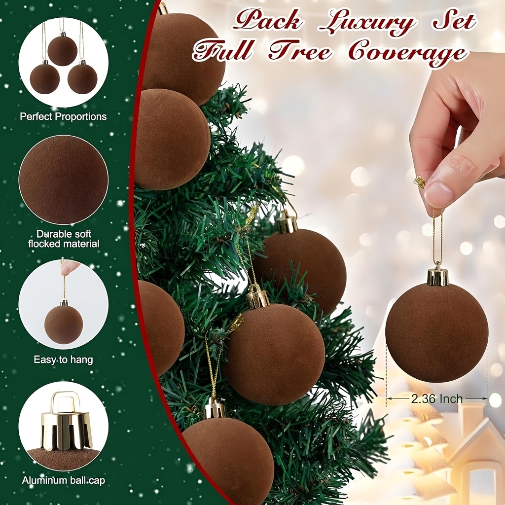 TEMU 9pcs Christmas Ornaments Set, 2.36 Inch Flocked Shatterproof Christmas Tree Balls, Brown Hanging Xmas Tree Decorations For Holiday Party Home